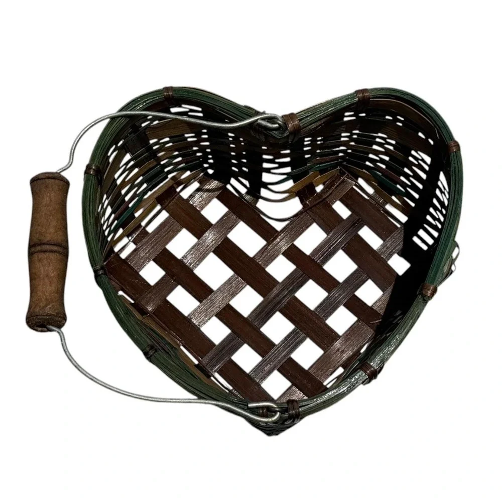 Vintage Heart Shaped Woven Basket Wood Handle Primitive Farmhouse Cottage Decor
